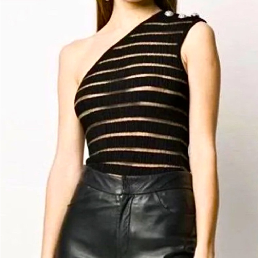 BALMAIN ONE SHOULDER MESH DETAIL TOP